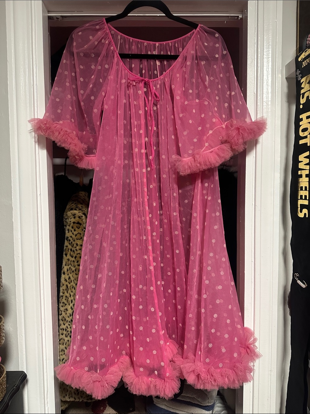Women’s Vintage Pink Polka Dot Ruffle Sheer Peignoir Robe